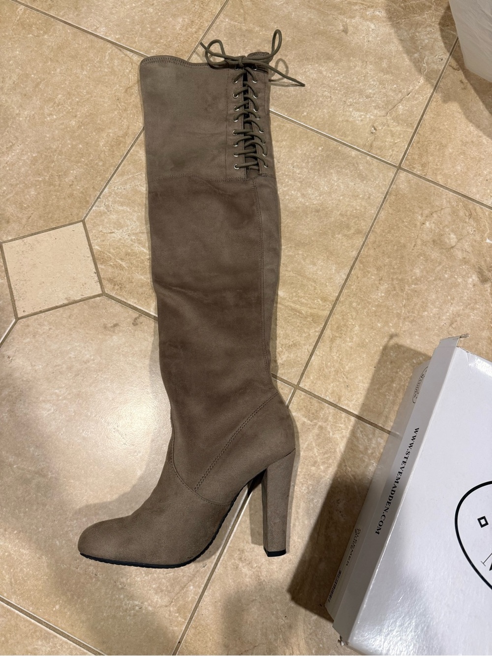 Steve Madden Taupe Over-the-Knee Lace-Up Block Heel Boot